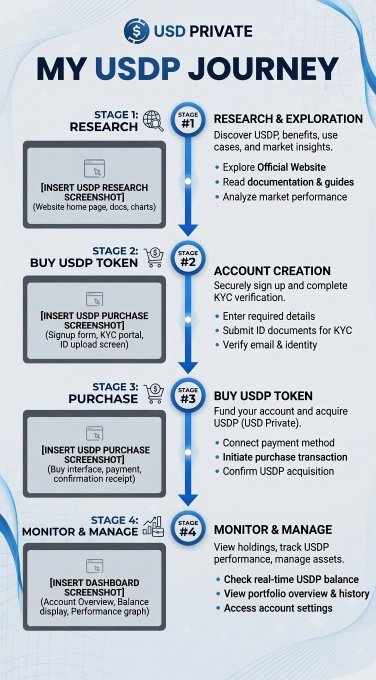 A vertical infographic titled 'MY USDP JOURNEY' outlining four stages: Research, Buy USDP Token (Account Creation), Purchase, and Monitor & Manage, with placeholder image boxes.