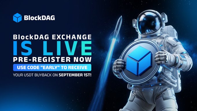 An astronaut in a spacesuit holds a BlockDAG cube shield against a starry cosmic background, promoting the BlockDAG exchange launch with a call to pre-register using code "EARLY" for a September 1st USDT buyback opportunity.