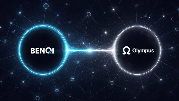 A space-themed graphic shows two glowing orbs connected by a beam of energy, with the left orb labeled "BENQI" and the right orb labeled "Ω Olympus" against a starry network background.