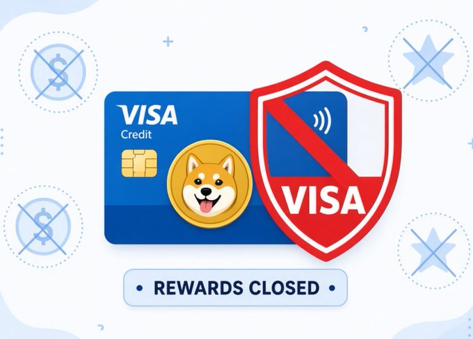 An illustration showing a blue Visa credit card with a Shiba Inu (Dogecoin) coin, alongside a red shield with the Visa logo and text reading "REWARDS CLOSED," indicating credit card rewards programs are ending for cryptocurrency.