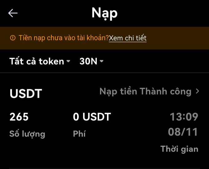 The image shows a Vietnamese-language deposit ("Nạp") screen confirming a successful USDT transaction, with 265 USDT received at 0 fee on 08/11 at 13:09, supporting the post's claim of earning income as a Tron Ambassador.