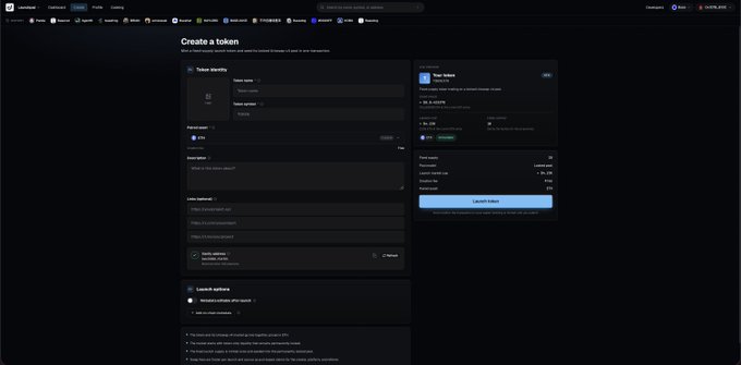 The image shows the "Create a token" page on Launchlab, displaying token configuration fields including Token Name, Token Symbol, Pair token set to ETH, Description, Links/Socials, and Launch options. This relates to the post because it shows the platform's token launch interface, highlighting the change to remove vesting and allocations from the launchpad features.
