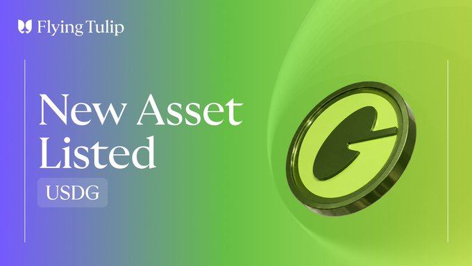 Promotional banner from Flying Tulip announcing the new listing of USDG (Global Dollar), featuring the text "New Asset Listed" and "USDG" alongside a green token icon on a blue-to-green gradient background.