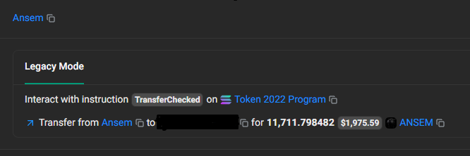 A screenshot of a crypto transaction interface in Legacy Mode showing a token transfer from "Ansem" for 11,711.798482 tokens (worth $1,975.59) labeled as an airdrop from the Token 2022 Program, which the poster credits as their first airdrop from $ANSEM.