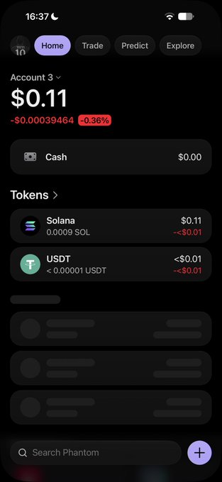 Screenshot of the Phantom crypto wallet app showing an account balance of $0.11, holdings of Solana (0.0009 SOL) and USDT (< 0.00001 USDT), with a dark mode interface.