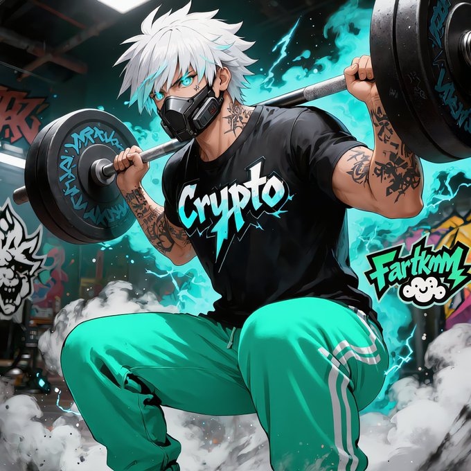 An anime-style illustration of a muscular character with white hair and blue eyes lifting a heavy barbell, wearing a black t-shirt with the word "Crypto" on it. The image serves as a motivational graphic for the "Leg Day!" post, visually representing strength and the "grind" associated with the crypto community.