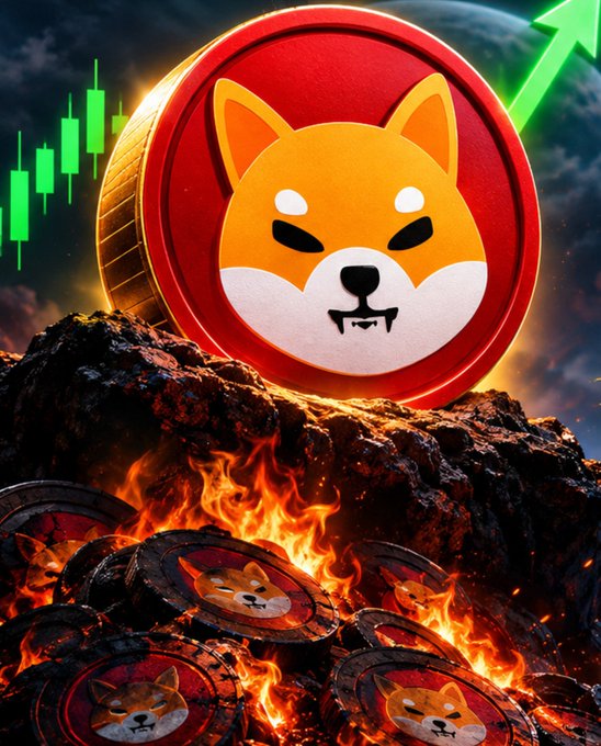 A Shiba Inu (Shib) cryptocurrency coin sitting atop a pile of similar coins engulfed in flames, with a green candlestick chart and upward arrow in the background.
