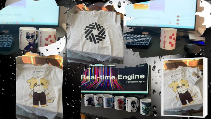 A collage showing Sentient merchandise including mugs, a 'Real-Time Engine For Solana Apps' t-shirt, and anime-style dog character t-shirts.