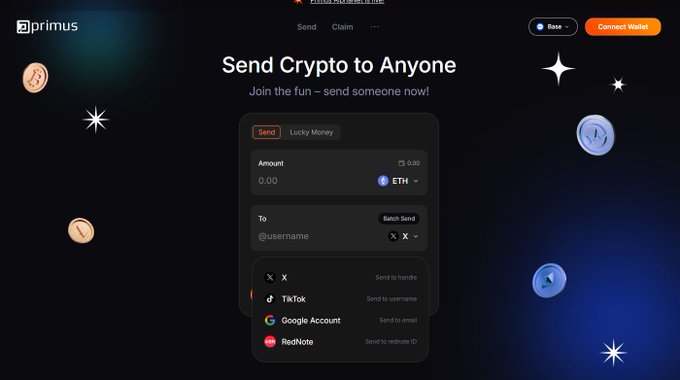 The Primus app interface displaying a 'Send Crypto to Anyone' feature with options to send to handle, TikTok, Google Account, or RedNote, showing a 0.00 ETH balance.