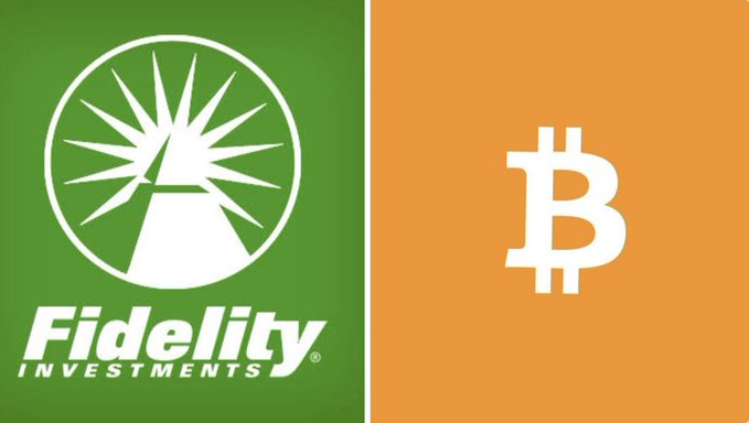 The image is split into two panels: the left displays the Fidelity Investments logo on a green background, and the right features the white Bitcoin "₿" symbol on an orange background. This visually pairs Fidelity's brand with Bitcoin, reinforcing the post's message about Fidelity clients purchasing $15.5 million in BTC and hinting at growing institutional interest in cryptocurrency.