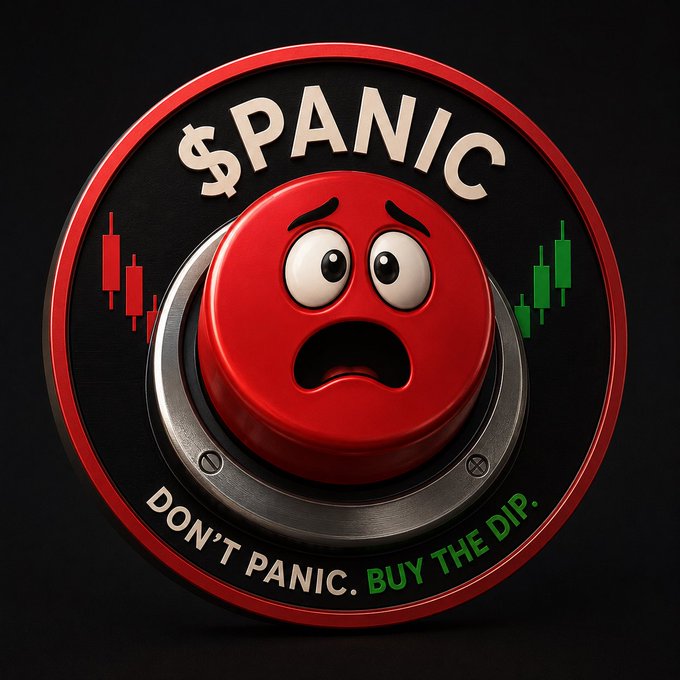 The image features a red panic button with a worried face, flanked by red bearish and green bullish candlestick charts, with text reading "$PANIC" and "DON'T PANIC. BUY THE DIP." This visual aligns with the post's message about crypto market cycles, using the panic button as a metaphor to urge investors to overcome fear and buy during downturns rather than regret missed recovery opportunities.