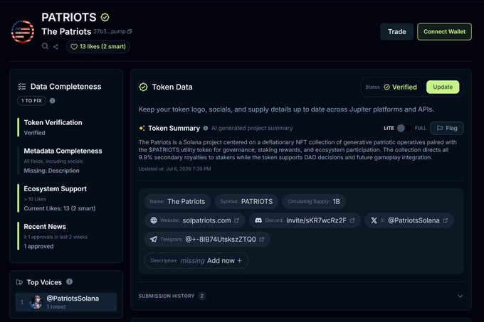 A screenshot of a token information page for "The Patriots" (PATRIOTS) on a crypto platform, showing it as a verified Solana token with a 1B supply.
