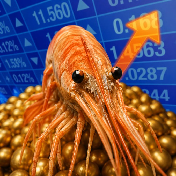 A surreal composite image showing a pink shrimp sitting on a pile of gold balls with a stock market background featuring numbers like '11.560' and '0.1653' and a glowing orange upward arrow.