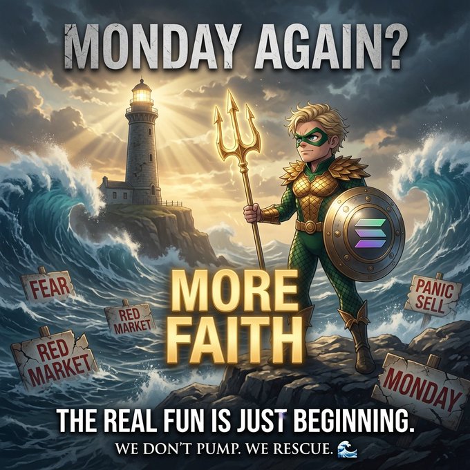 The image features a cartoon character, possibly a superhero or a pirate, standing on a cliff overlooking a stormy ocean with waves crashing around them. The character appears to be wearing a helmet and holding a sword, ready for action. In the background, there are several signs scattered across the scene, including one that says "More faith". This suggests that the image is related to a post promoting faith or spirituality in the face of challenges or difficult situations.