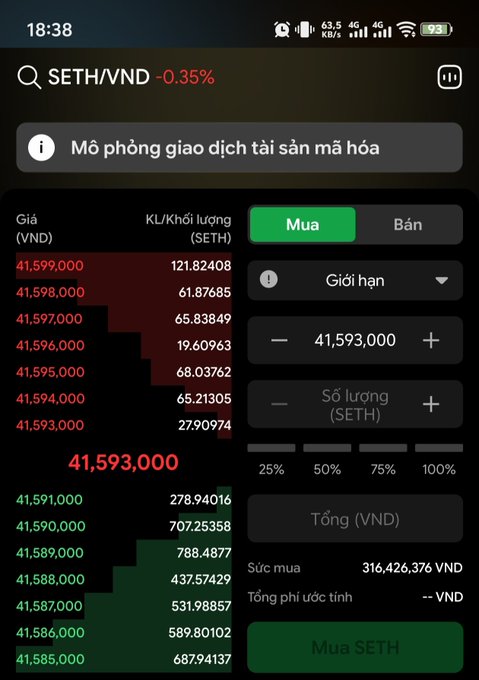 A mobile trading app screenshot showing the SETH/VND trading pair down 0.35%, with the current price at 41,593,000 VND and a mock transaction mode banner in Vietnamese.