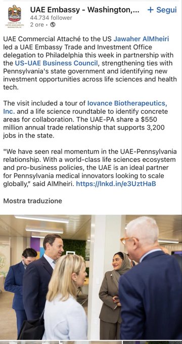 The image shows a LinkedIn post from the UAE Embassy in Washington (44,734 followers) about UAE Commercial Attaché Jawaher AlMheiri leading a delegation to Philadelphia, including a tour of Iovance Biotherapeutics, Inc., highlighting a $550 million annual trade relationship supporting 3,200 jobs between the UAE and Pennsylvania. This relates to the accompanying post's commentary about a sovereign wealth fund-affiliated nation visiting Iovance Biotherapeutics, a biotech company with an FDA-approved cancer therapy, suggesting potential investment significance for the sub-$4B company.