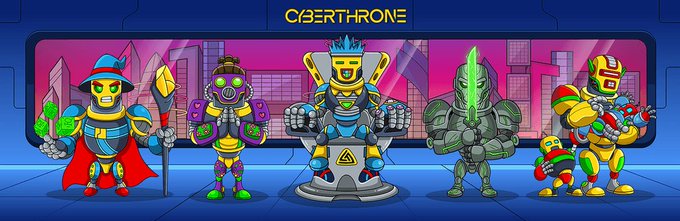 The image showcases five vibrant, hand-drawn-style robot and warrior characters standing in a futuristic cityscape under the banner "CYBERTHRONE," visually representing the diverse 10,000-piece NFT collection mentioned in the post. The characters embody the "200+ traits" and multichain utility highlighted in the text, illustrating the project's ambition to go beyond static artwork into a fully realized digital universe.
