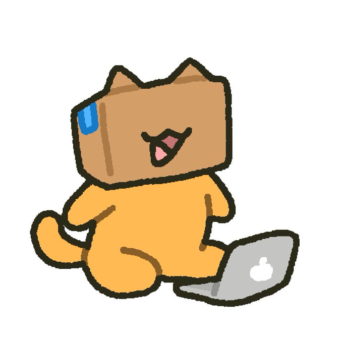 A cartoon illustration of an orange cat-like character with a cardboard box on its head, happily using a silver laptop with an Apple logo.