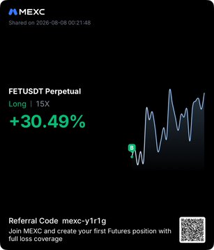 A promotional graphic for MEXC exchange dated 2026-08-08, featuring a line chart and the text 'FETUSDT Perpetual, Long | 15X, +30.49%'. It provides a referral code 'mexc-y1r1g' and a QR code.