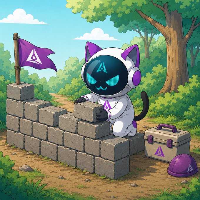 Illustration of a cartoon cat mascot wearing an astronaut helmet building a brick wall, with a purple flag bearing a triangular logo, alongside a toolbox and hard hat in a forest setting.