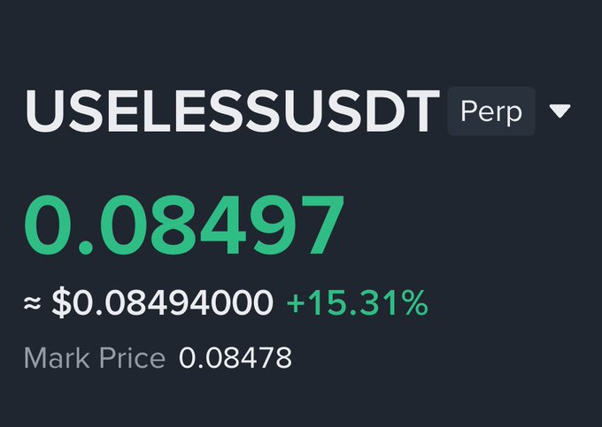 The image shows a price chart for the perpetual futures contract "USELESSUSDT" trading at $0.08494, up 15.31% with a mark price of 0.08478, visually supporting the post's claim of strength amid the market downturn.