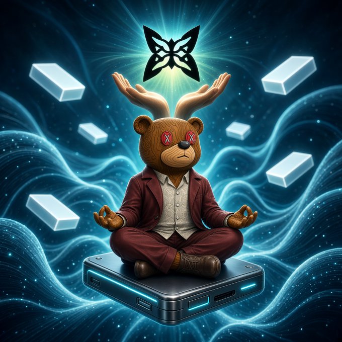 A teddy bear with red X's for eyes meditates in a lotus pose atop a hardware device while holding a glowing butterfly above its open palms, surrounded by floating sealed packs in a cosmic blue swirl. The imagery visualizes the post's themes of awakening to Quip Network's vision, the unopened blank QFT pack awaiting hardware-seeded revelation, and the "butterfly meme" the poster encountered from @quipnetwork.