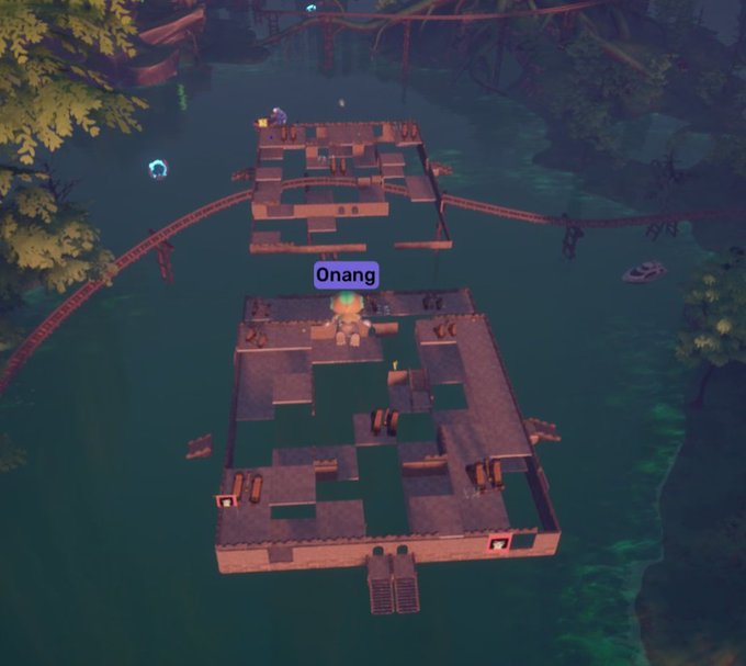 A video game scene showing a small character named 'Onang' standing on a stone platform surrounded by water, with other platforms and bridges visible in the background.