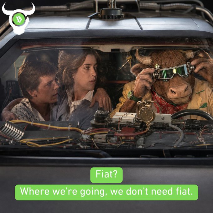 A Bitcoin-themed meme reinterprets the DeLorean scene from Back to the Future, showing Doc Brown (depicted as a monkey) with two passengers, with a chat reply saying 'Fiat?' and the response 'Where we're going, we don't need fiat.'