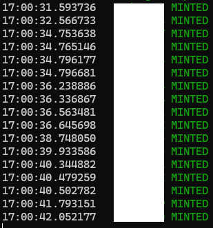 The image shows a terminal log displaying timestamps (17:00:31 to 17:00:42) alongside the repeated "MINTED" status in green text, indicating successful NFT mint transactions. This log directly corresponds to the post's description of helping multiple members mint HOLY by Wubbushi NFTs at 0.02 ETH, with the tool MNTD by @MintedNFTs facilitating these rapid sequential mints during Phase 2.