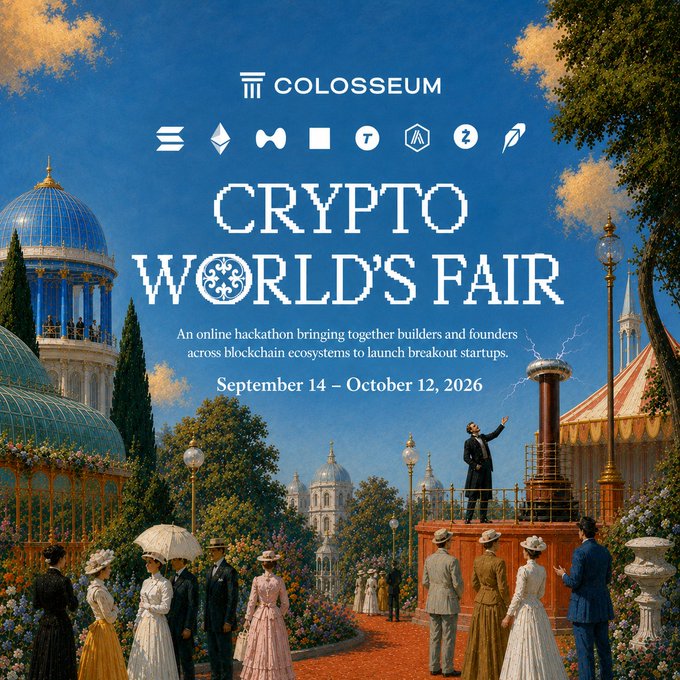 A promotional poster for 'COLOSSEUM CRYPTO WORLD'S FAIR' described as 'An online hackathon bringing together builders and founders across blockchain ecosystems' scheduled for September 14 – October 12, 2026, featuring Ethereum, Optimism, and other blockchain logos.