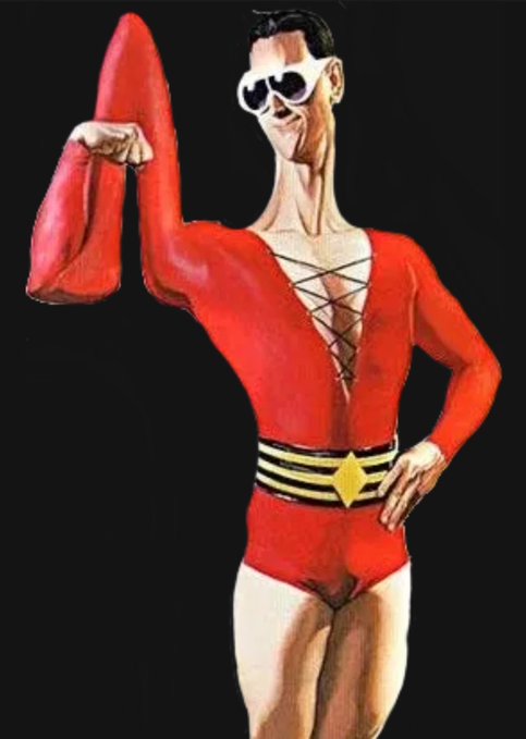 A stylized illustration of the superhero Plastic Man in his red costume with a criss-cross chest and gold belt, posing with one arm stretched upward.