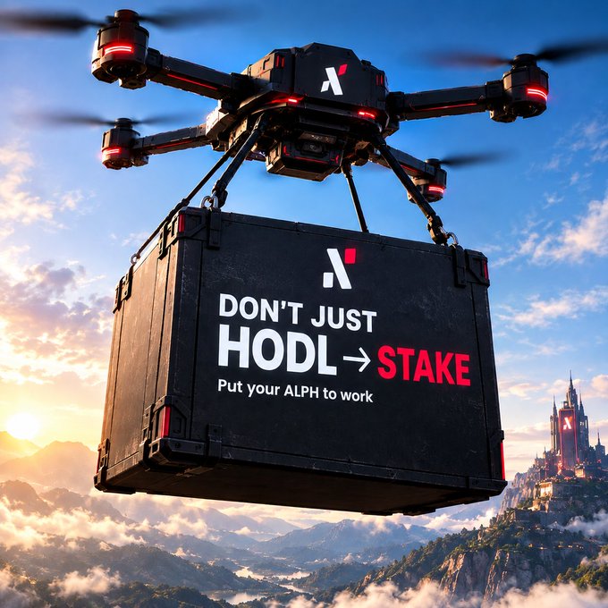 A cinematic promotional image shows a large black drone carrying a crate labeled 'DON'T JUST HODL → STAKE - Put your ALPH to work' with the Alephium logo, flying over a mountainous landscape with a castle in the distance.