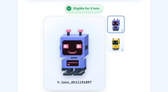 A digital interface showing a blue pixel-art robot NFT titled "X jass_dh11151857" that is "Eligible for 2 bots."