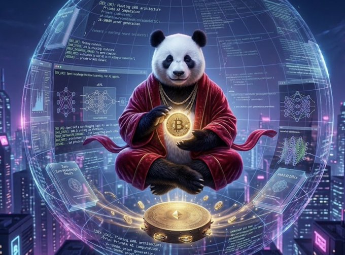 A meditative panda in robes holds a glowing Bitcoin (₿) coin, seated within a transparent sphere of code and neural network diagrams, with golden coins cascading onto a platform below. The image visually echoes the post's theme of patiently debugging complex zkML architecture for private Web3 AI, with the illuminated Bitcoin symbol representing the cryptographic foundation making privacy-preserving AI agents possible despite the integration challenges.