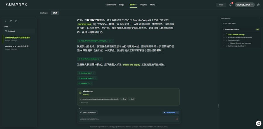 A dark-mode interface of Almanak's chat-based strategy builder is shown, featuring Chinese text discussing SMC DeFi strategies and ATR-based shield strategies on BSC, alongside a "create-and-deploy" panel planning a vault strategy with permissions, depositors, and shutdown mechanisms. The image illustrates the post's message by demonstrating the platform's capability for individual users to autonomously design and deploy on-chain quantitative strategies without relying on a team.