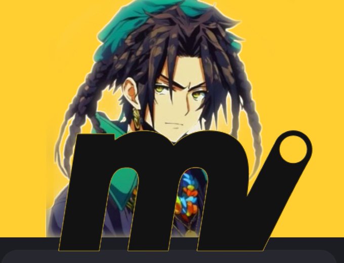An anime-style character with messy dark hair stands behind large black letters spelling 'mv' on a yellow background.