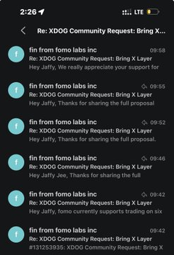 A mobile notification screen displays messages from 'fin from fomo labs inc' regarding an 'XDOG Community Request: Bring X Layer'.