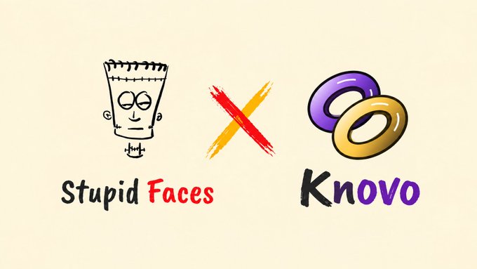 A collaboration banner on a beige background displays a doodle-style logo for 'Stupid Faces' next to a red and yellow 'X', beside a logo for 'Knovo' featuring two interlinked purple and yellow rings.