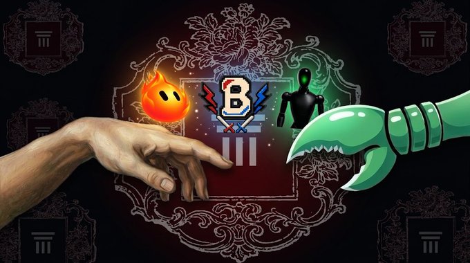 A graphic featuring a Renaissance-style hand reaching toward a robotic claw, with the central 'B' Bomb cryptocurrency logo positioned between a fire emoji and an alien figure.
