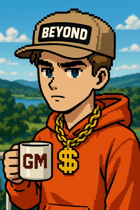 A pixel art illustration of a serious-looking young man wearing an orange hoodie, a gold chain, and a beige 'BEYOND' cap, while holding a white mug with 'GM' printed on it against a scenic landscape background.