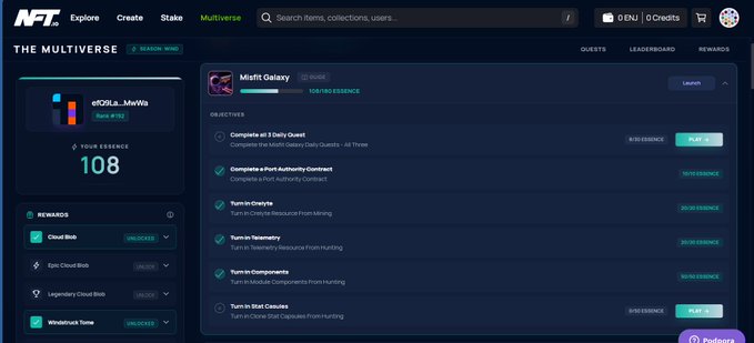A screenshot of the 'Multiverse' NFT staking dashboard showing a user profile 'oHQRLa..MeWa', an Essence score of 108, and a list of objectives including 'Complete all 3 Daily Quest' and 'Renin in Greatness'.