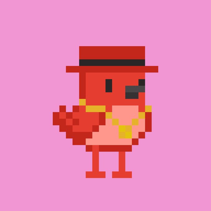 A pixel art illustration of a red bird wearing a black hat, holding what appears to be a fish, set against a solid pink background.