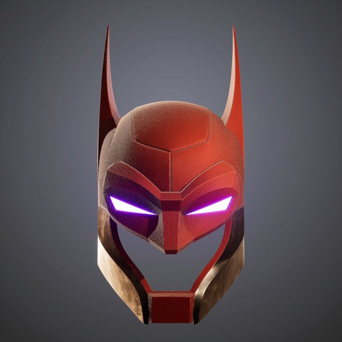 A 3D render displays a red, bat-eared superhero helmet with glowing purple eyes and metallic accents against a gray background.