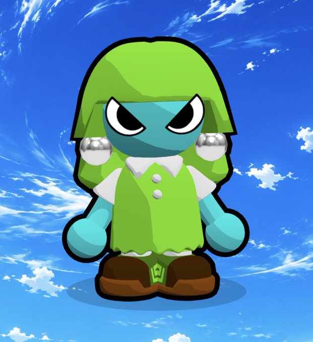 A cartoon character with a green helmet-like head, an angry expression, a green dress with white buttons, and brown shoes, standing against a blue sky.