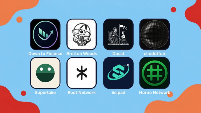A promotional graphic displaying eight app or platform icons with names: Down to Finance, Bretton Woods, Ducat, cliodotfun, Supertake, Root Network, Scipad, and Horno Network.