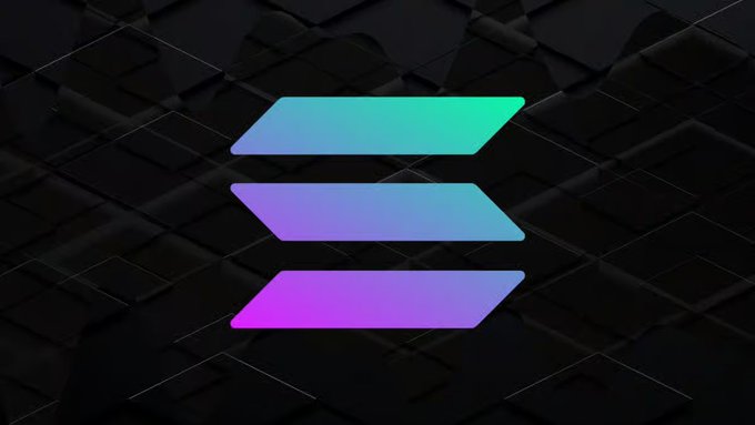 The Solana logo, featuring three stacked, slanted parallelograms in cyan, purple, and pink, displayed against a dark, textured background.