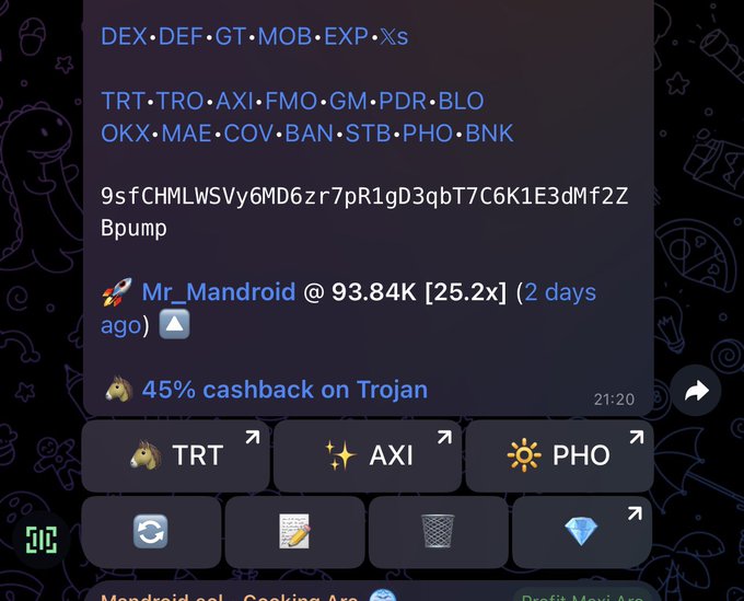 A Telegram message from "Mr_Mandroid" displays a list of crypto tickers (DEX, DEF, GT, MOB, EXP, Xs, TRT, TRO, AXI, FMO, GM, PDR, BLO, OKX, MAE, COV, BAN, STB, PHO, BNK) followed by a wallet address and the note "Bpump," with attached buttons for TRT, AXI, and PHO tokens. The post references this as a "good cook" call from mandroid_sol, implying he shared these recommended crypto buys with followers.