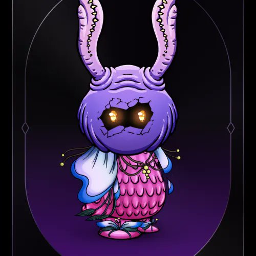 A purple, rabbit-like creature with glowing yellow eyes and stitched, upright ears, dressed in a pink feathered garment and a white scarf, stands against a dark background. The eerie, otherworldly design matches the post's question, "wtf is this thing," highlighting the cryptic and surreal appearance of the Koda NFT (#740).