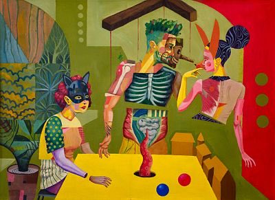 A surreal, colorful painting depicting figures with mask-like faces and anatomical elements in a green room with plants and geometric shapes.