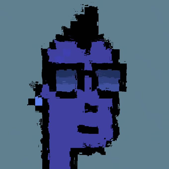 A pixelated, blocky digital portrait of a face in shades of blue and black against a gray background.